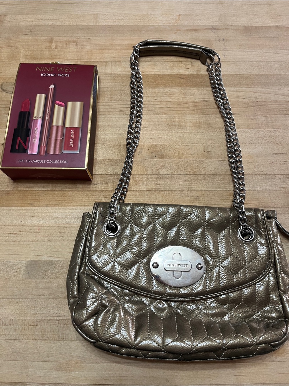 Nine West Quilted Metallic Shoulder Bag in Gold
